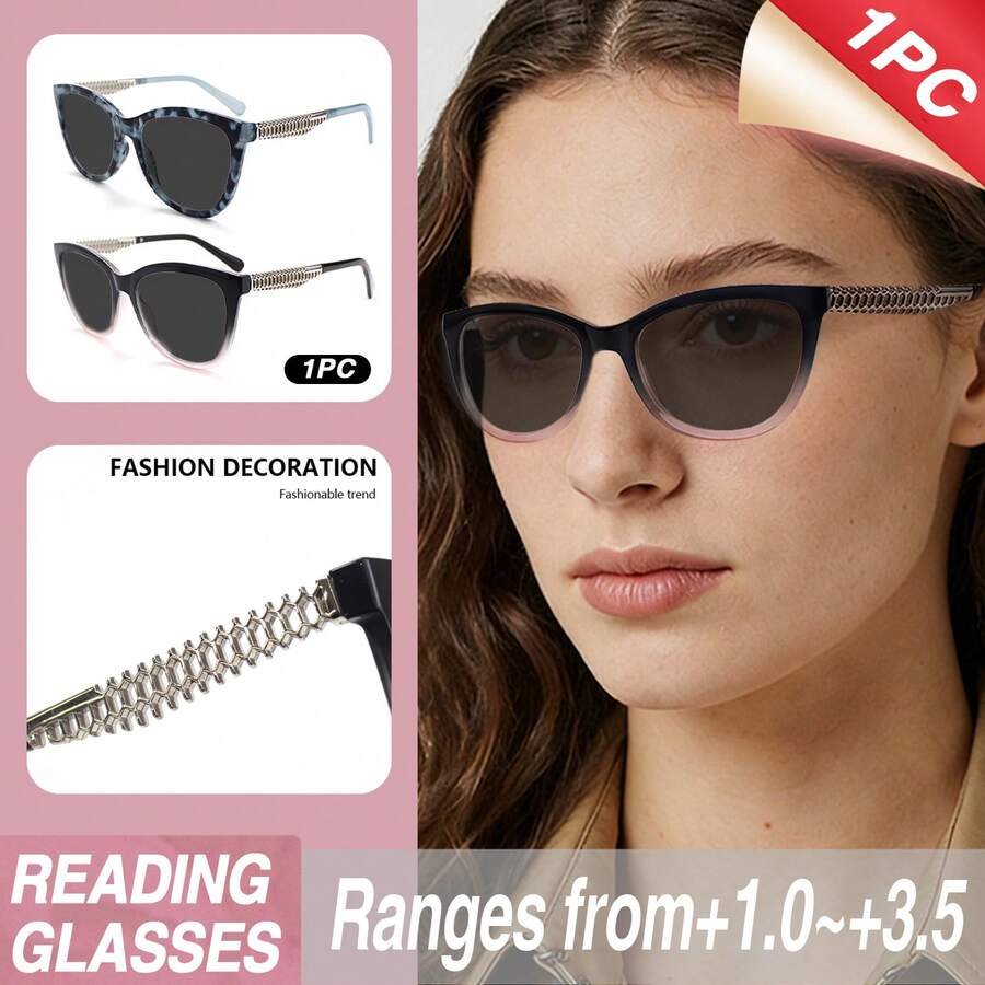 1pc Oversized Cat Eye Grey Lens Reading Glasses, Leopard Print Design, With High-Quality Metal Hinges, Suitable For Women's Daily Wear - Ash - View 1