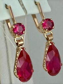 Vintage Kupfer handgefertigte eingelegte rote Wassertropfen synthetische Zirkonia Ohrringe, bohemian Stil Haken Anhänger Ohrringe für Frauen - Rot - Übersicht 1