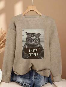 Women's Plus Size Faux Sweater "I Hate Humans" Cat Print Knit Pullover, Dropped Shoulder Long Sleeve Crew Neck Top, High Elasticity, Regular Length - Camel - View 1