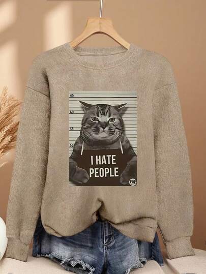 Women's Plus Size Faux Sweater "I Hate Humans" Cat Print Knit Pullover, Dropped Shoulder Long Sleeve Crew Neck Top, High Elasticity, Regular Length