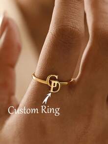 Customized Double Letter Ring, Personalized Exquisite Couple Name Initial Open Ring, 304 Stainless Steel Adjustable Name Ring, Fashion Wedding Accessory, Ideal Gift For Her, Anniversary, Valentine's Day, Mother's Day, Birthday Party Gothic Gift, Summer Beach Vacation Gift - Multicolor - View 8