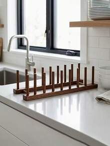 Multifunctional Dark Wood Plate Rack, Vertical Plate Storage Rack And Book Organizer, Countertop Storage Rack, Suitable For Plates, Bowls And Books, Space-Saving Display Rack, Suitable For Kitchen, Dining Area And Office - Multicolor - View 10