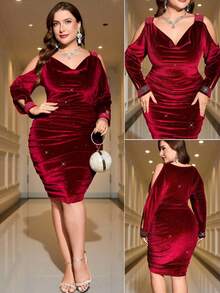 xuehuamaoyi02  Clasi Vestido elegante de manga larga con hombros descubiertos y volantes para mujer de talla grande - Burdeos - Ver 2