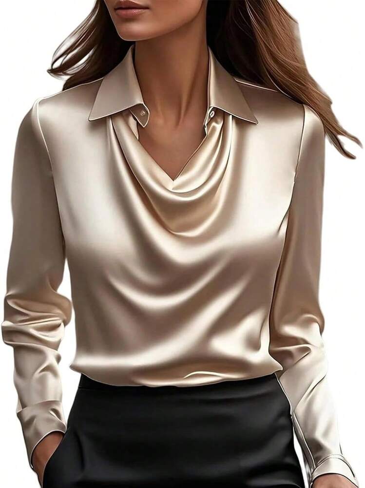 sa de satén con cuello dudete para mujer Genérico – Elegantes blusas de seda de manga larga, camisas de trabajo casuales y elegantes para oficina, invitadas de boda y atuendos escolares 2025 - Negro - Añade 2