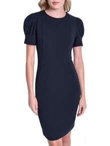DKNY - Vestido de Manga Corta abombada hasta la Rodilla con Cierre Trasera expuesta - Combo de iris - Ver 16