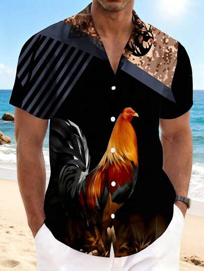 Nueva camisa de hombre de moda y casual con corte holgado, diseño de patrón de rayas de camuflaje de gallo, estilo retro americano, juvenil, estampado integral, ligero