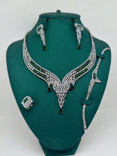 Middle East Dubai Luxury Pearlescent Heavy Work White Red Green Zirconia 4-Piece Jewelry Set, Pakistan Saudi Arabia Bridal Party Jewelry Set, Wedding Banquet Accessories Gift