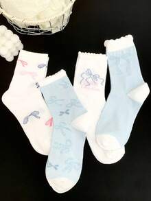 1/4 Pair Spring/Summer Blue & White Sweet Bow Lace Comfortable Mid-Calf Socks - Multicolor - View 5