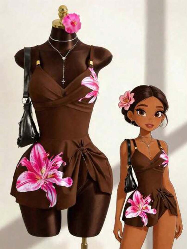 Zestiva Conjunto de 2 piezas de traje de baño con estampado floral, correas ajustables y accesorios de metal, ideal para la playa y vacaciones de pri - Café integral - Añade 1