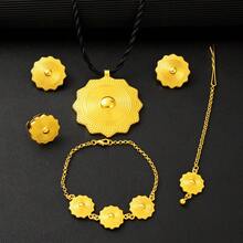 5pcs/Set Women's Jewelry Set Golden Color Geometric Pendant Necklace Earrings Ring Bracelet Head Chain African Saudi Arabian Bride Traditional Jewelry Gift - A - View 2