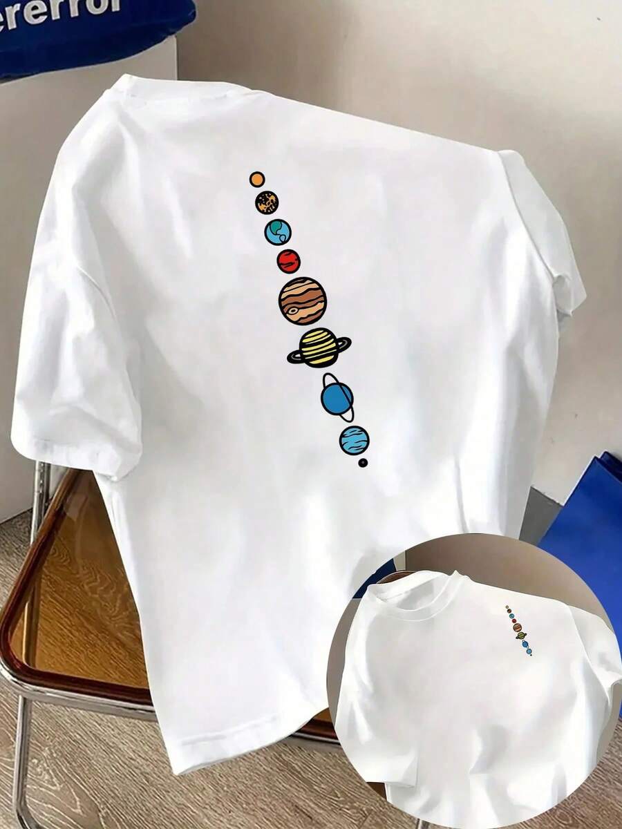 Camiseta para hombre, con estampado de los planetas del sistema en ambas caras, mangas cortas a, adecuada para uso diario casual y actividades de fitness al aire libre, una pre - Blanco - Ver 1