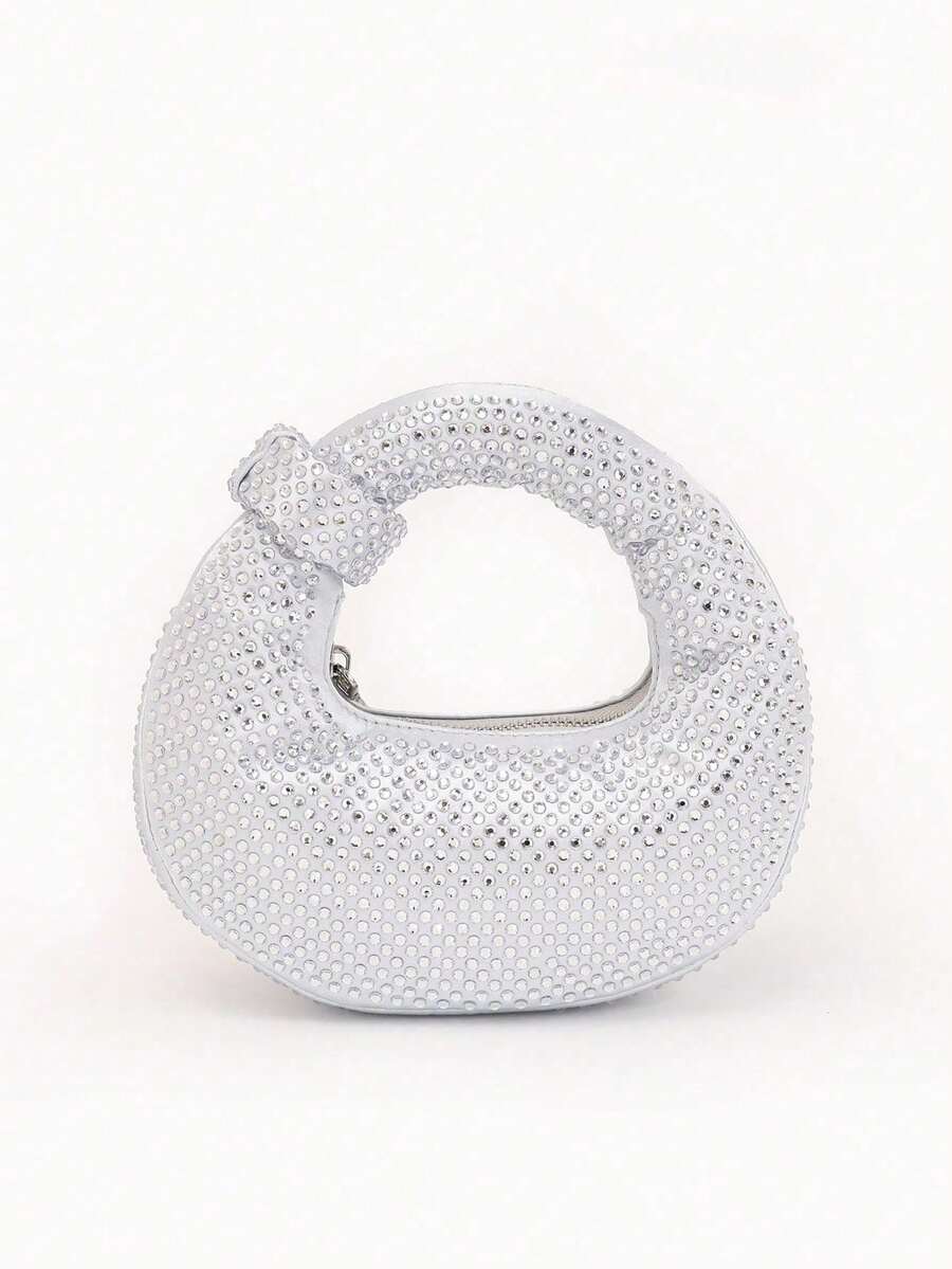 Mini Hobo Bag In A Crescent Shape, Fully Covered In Rhinestones, Integrated Circular Handle With Bow, Zipper, Various Colors, Women's Party, Wedding, Birthday Gift - 白色 - 查看 1