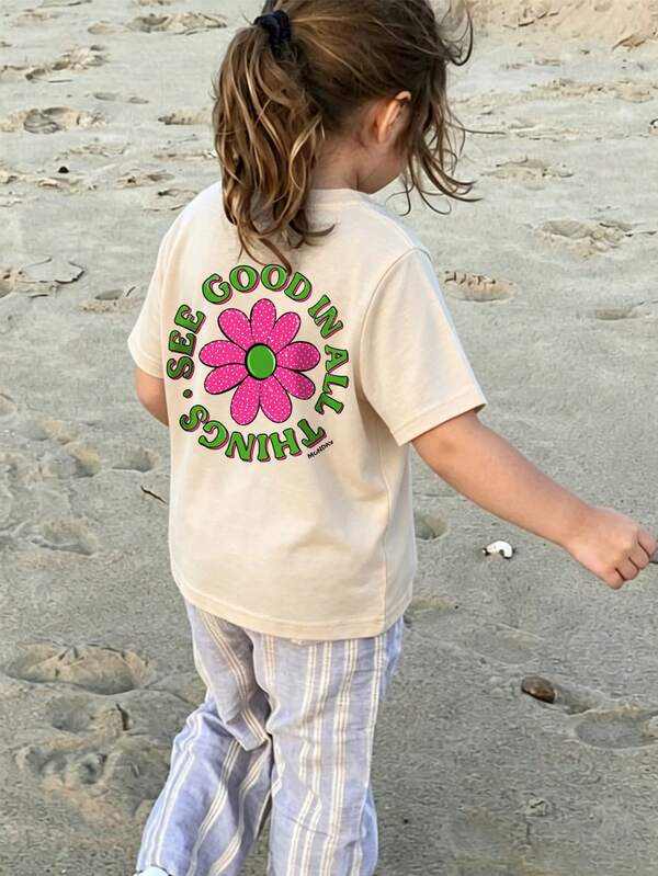 Cute Baby Girl Round Neck Loose Fit T-Shirt, Bright Floral Print With Back Letter Graphic, Soft Casual Daily Wear Toddler Short Sleeve T-Shirt
