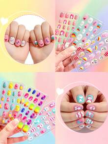 192pcs-8Box Kawaii Children Acrylic Fake Nails, Full Cover Glitter Cute Spring/Summer Pineapple, Unicorn, Penguin, Flamingo, Rainbow, Heart Short Press-On Nails Set For Kids, With 1 Nail File And 8 Jelly Stickers ﻿ - Multicolor - View 9