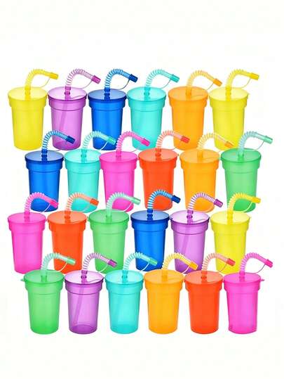 20pcs - Cups With Straws And Lids, Reusable Water Bottles, Iced Coffee Travel Mugs, Adult Plastic Cups, Suitable For Birthdays, Weddings, Bachelor Parties, Hawaiian Beach Pool Parties, Family Gatherings, Flexible Straws (Bright Colors)