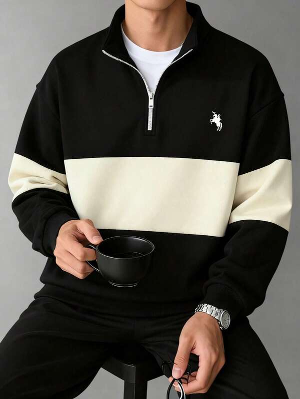 Men's Spring/Autumn Fashion Minimalist Pony Print Patchwork Colorblock Zip-Up Sweatshirt