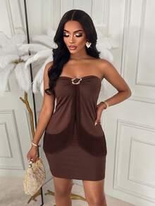 Autumn Brown Tassel Bandeau Two Pieces Set, Metal Ring Ruched Bandeau Top & Fitted Mini Skirt Outfit Summer - Brown - View 6