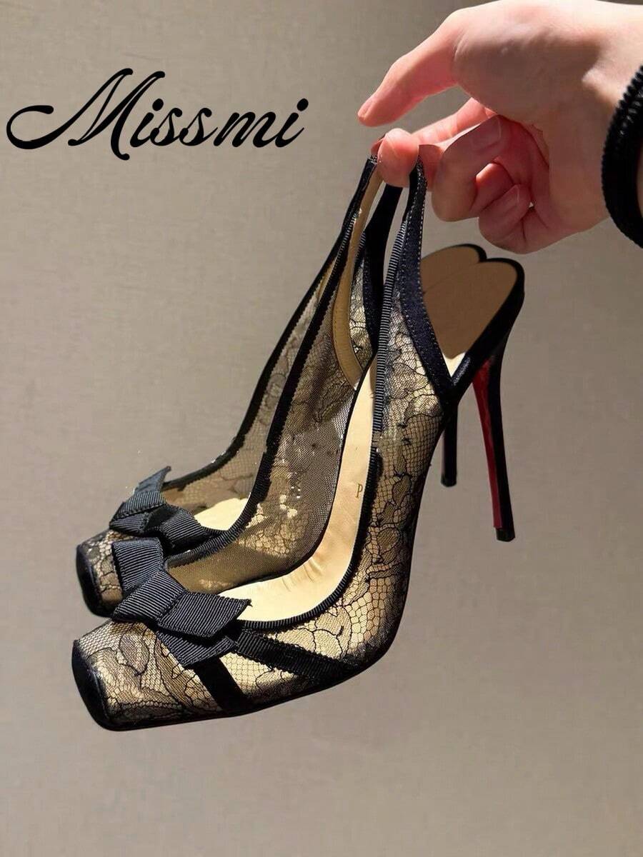 Black Lace High Heel Shoes, Sexy Bowknot Closed Toe Sandals For Women,Summer Shoes