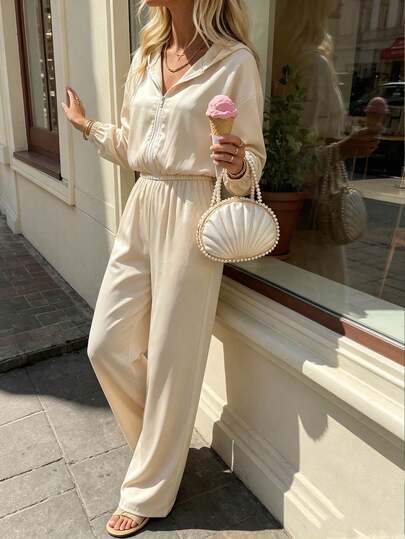 Women's Fashion Satin 2-Piece Set, Loose Fit Open Front Cardigan And Straight Leg Pants, Suitable For Daily Casual Wear, Airport Outfits, City Exploration And Vacation, Silk Satin Texture Set With Waist-Exposing Zipper Jacket Top Design, Gentle Style Age-Reducing Height-Enhancing Casual Two Pieces Set