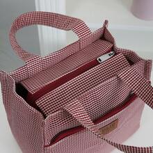 Nueva llegada, tela gruesa con patrón a cuadros, bolso de mano exquisito, bolso tote para el trabajo, bolso de moda con cremallera semicerrada, adecuado para la escuela, el trabajo, las compras, el camping, el uso diario, bolso de mano. Temporada de regreso a la escuela, vintage, minimalista, bolsa para el almuerzo, bolsa de almacenamiento para caja bento, bolsa para el almuerzo, bolsa de compras, bolsa de utilidad - Rojo - Ver 7