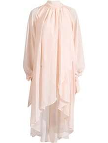 Camisa Fluida Larga Fruncida Casual para Mujer Puños con Cordones Cuello Mao Dobladillo Irregular Blusa - Rosa - Ver 7