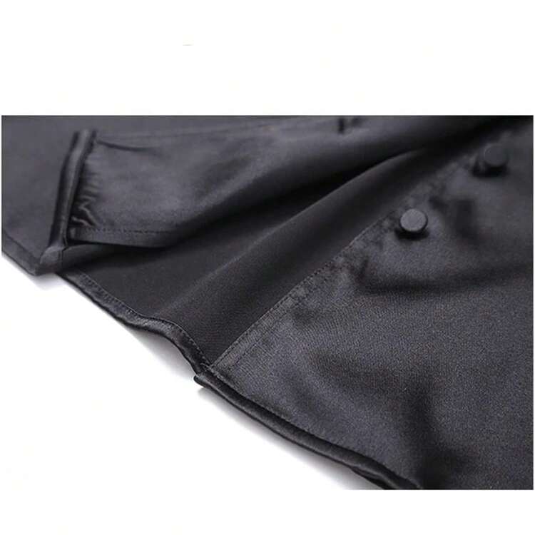 Blusa formal de manga larga brillante con bolsillos de solapa para mujer - Azul marino - Añade 5
