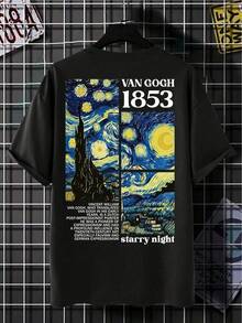 Una cómoda camiseta de cuello redondo con un diseño de la Noche Estrellada de Van Gogh 1853, perfecta para uso casual durante exposiciones de arte, reuniones para entusiastas del arte y even - Negro - Ver 1