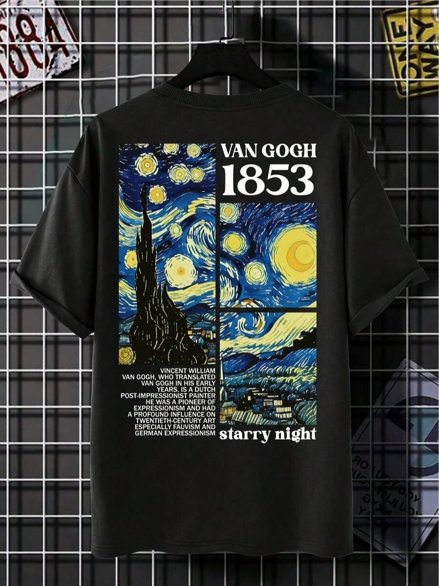 Una cómoda camiseta de cuello redondo con un diseño de la Noche Estrellada de Van Gogh 1853, perfecta para uso casual durante exposiciones de arte, reuniones para entusiastas del arte y even - Negro - Ver 1