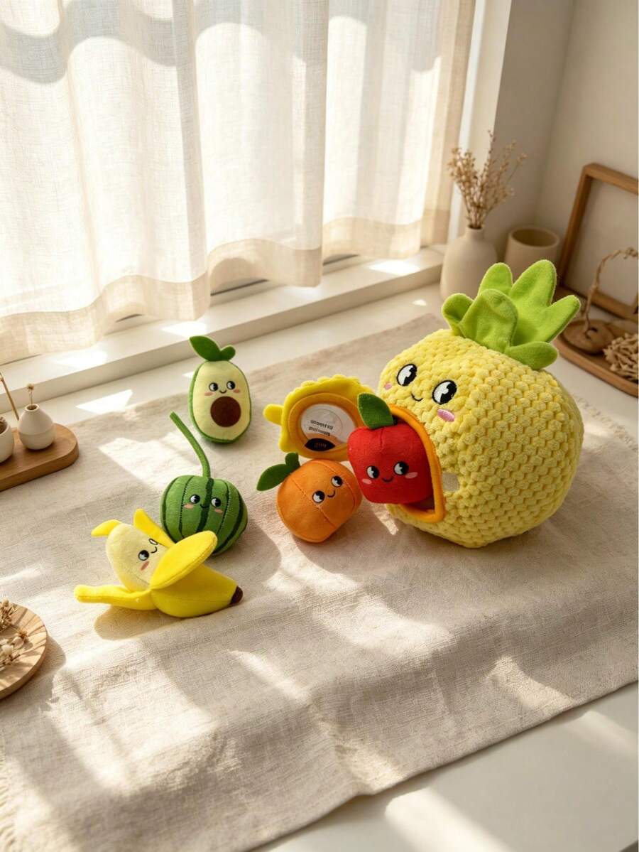 1件中性鳳梨水果屋玩具，內置鈴鐺、皺紙、發聲器、變形鏡，親子互動早教玩具，適合作為新生兒禮物