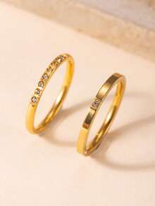 2pcs Fashionable Luxury Stainless Steel 18K Gold Plated Single Diamond And Single Row Rhinestone Thin Band Ring Set, Suitable For Women's Daily Wear Or Party - Ring Set - View 7