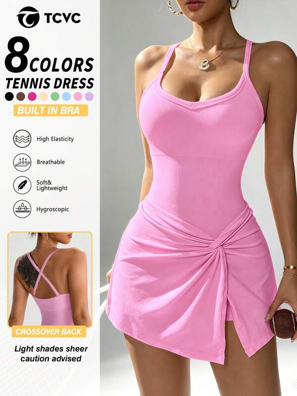 TCVC Spring/Summer New Arrival Women's Fashionable Solid Color High Stretch Sports Tennis Jumpsuit Dress, V-Neck Racerback Tennis Skirt With Built-In Shorts, High Elasticity Comfortable Tight Tummy Control Waist Slimming, Suitable For Tennis, Golf, Running, Yoga, Comfortable And Stylish Design, Suitable For Gym Workout And Daily Wear