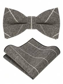 1 Set Men's Vintage Tweed Plaid Bow Tie And Pocket Square Set, Suitable For Wedding, Business, Party Suit Styling - Khaki - View 9