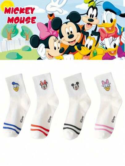 4 Pairs Disney Socks, Mickey Mouse Socks, Minnie Mouse Socks, Donald Duck Pattern Men's Women's Mid-Calf Socks, Cartoon Series Cute Cool Unisex Style, Premium Mid-Calf Socks, Printed With Disney Mickey Mouse Pattern, Perfect Holiday Gift, Classic Double Stripe White Sports Socks - Perfect Choice For Holiday Gifts