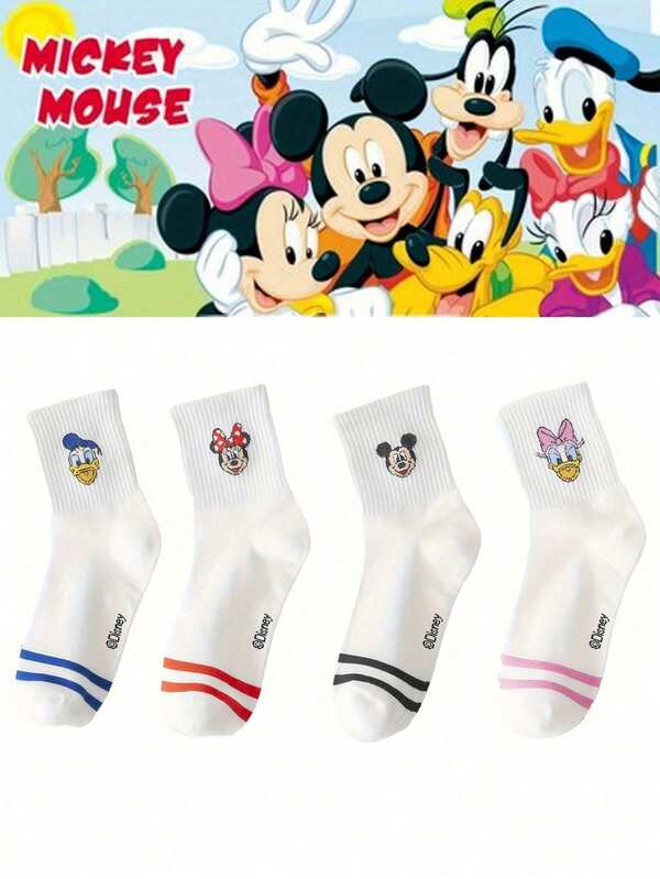4 Pairs Disney Socks, Mickey Mouse Socks, Minnie Mouse Socks, Donald Duck Pattern Men's Women's Mid-Calf Socks, Cartoon Series Cute Cool Unisex Style, Premium Mid-Calf Socks, Printed With Disney Mickey Mouse Pattern, Perfect Holiday Gift, Classic Double Stripe White Sports Socks - Perfect Choice For Holiday Gifts