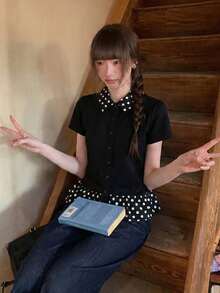 Summer New Black & Polka Dot Puff Collar Short Sleeve T-Shirt, Fitted Flattering Design, Versatile Top Casual - Black - View 6