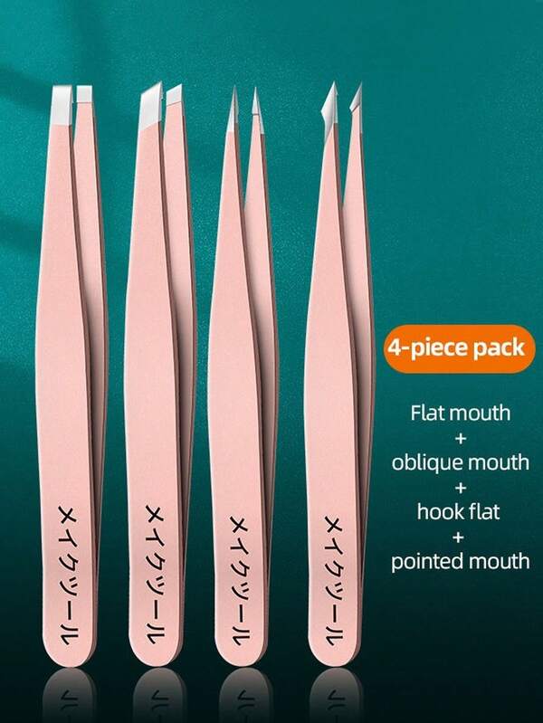 4pcs Rose Gold Stainless Steel Tweezers Set, Precision Slanted/Pointed Tip, Suitable For Eyebrow Grooming, Hair Removal, Blackheads And Ingrown Hairs, Professional Beauty Tool Set