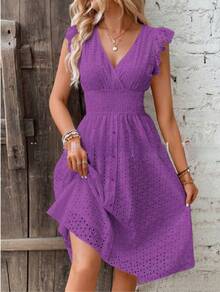 New Plus Size Summer Dress For Women: Elegant, With A Figure-Flattering V-Neck And Ruffled Sleeves. - Purple - View 1