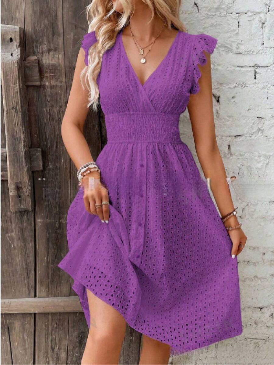 New Plus Size Summer Dress For Women: Elegant, With A Figure-Flattering V-Neck And Ruffled Sleeves. - Purple - View 1