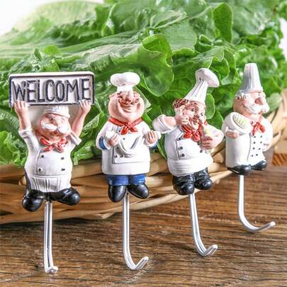 Cartoon 3D Chef Adhesive Hook, No-Drill Strong Wall Mount Hook, Creative Retro Resin Decorative Hook, Universal For Kitchen, Bathroom, Door, Wall, Storage For Cookware, Towels, Keys, Western Restaurant Home Fun Wall Organizer Small Hook