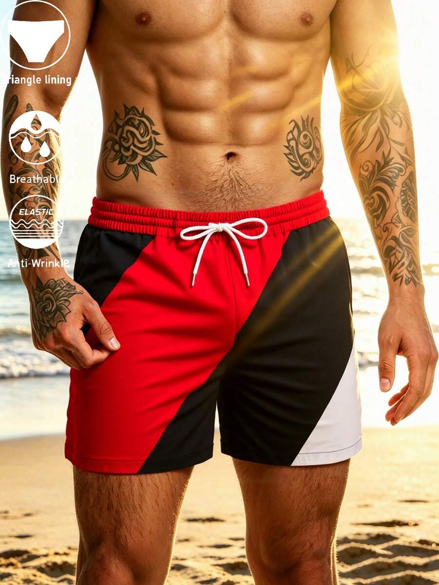 2-In-1 Men's Casual Elastic Waist Beach Shorts & Swimwear, Color Block Elastic Waist Beach Pants