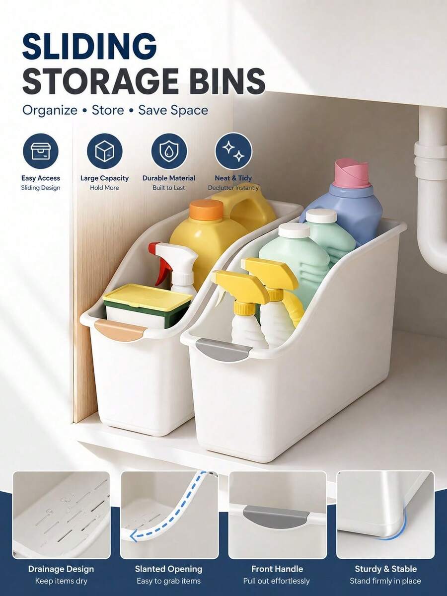 1pc Sliding Plastic Open Storage Box With Front Handle And Drainage Holes, Suitable For Under Sink, Kitchen Cabinet, Bathroom, Bedroom, Storage Box, Organizer, Kitchen Accessories, Bathroom Storage, Bedroom Accessories - Multicolor - View 1