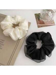 3pcs Solid Color Double Layer Organza Hair Scrunchies, Elastic Ponytail Hair Bands, Suitable For Face Washing And Hairstyling - Multicolor - View 6