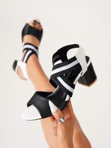 Ladies' Peep-Toe Cross Elastic Band Chunky Heeled Sandals, Casual Black & White Pu Upper Platform Heels,Spring Summer Outfits - Black and White - View 6