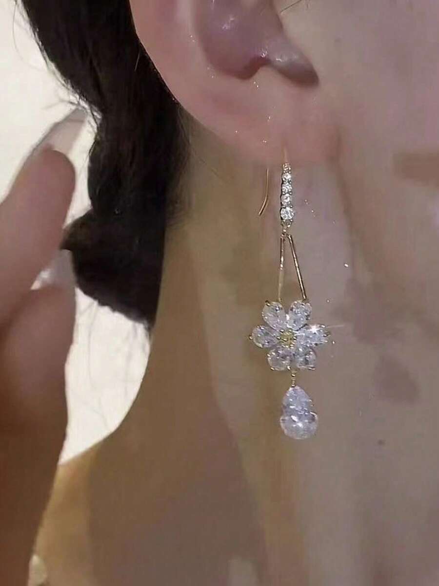 1件女款百搭水滴耳鉤耳環,優雅耳飾,奢華質感,高端時尚,鋯石花朵耳環,時尚耳飾,適合日常休閒穿著 - 彩色 - 查看 1