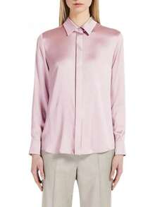 Blusa de seda de manga larga brillante para mujer, con botones y solapa formal - Azul marino - Ver 10