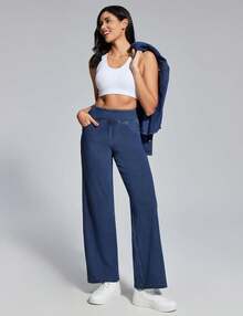 Heathyoga - Jeans de pierna ancha para mujer, cintura alta, pantalones holgados para mujer, pantalones de mezclilla elásticos de pierna recta, pantalones de mezclilla - Denim azul marino - Ver 3