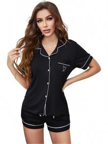 Conjunto de pijama para mujer, cuello con solapa, manga corta, top con bolsillo en el pecho y pantalones cortos con cintura elástica, 2 piezas, ropa de dormir para mujer. - LW41-Morado - Ver 13