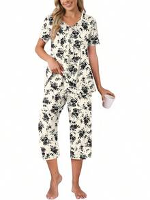Anyally - Conjunto de pijama de verano para mujer, camisa de manga corta y pantalones capri de 2 piezas, pijama plisado con bolsillos - Malva plisada - Ver 22