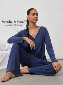 Ocili Conjunto de ropa de estar en casa minimalista y cómodo para mujer, con cuello en V holgado, ropa de invierno - Verde oscuro - Ver 22