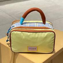 Bolsa de maquillaje de mano con diseño de bloques de color y patchwork a cuadros de dopamina, gran capacidad, múltiples compartimentos, impermeable, bolsa de almacenamiento de artículos de tocador para viajes - Amarillo - Ver 4